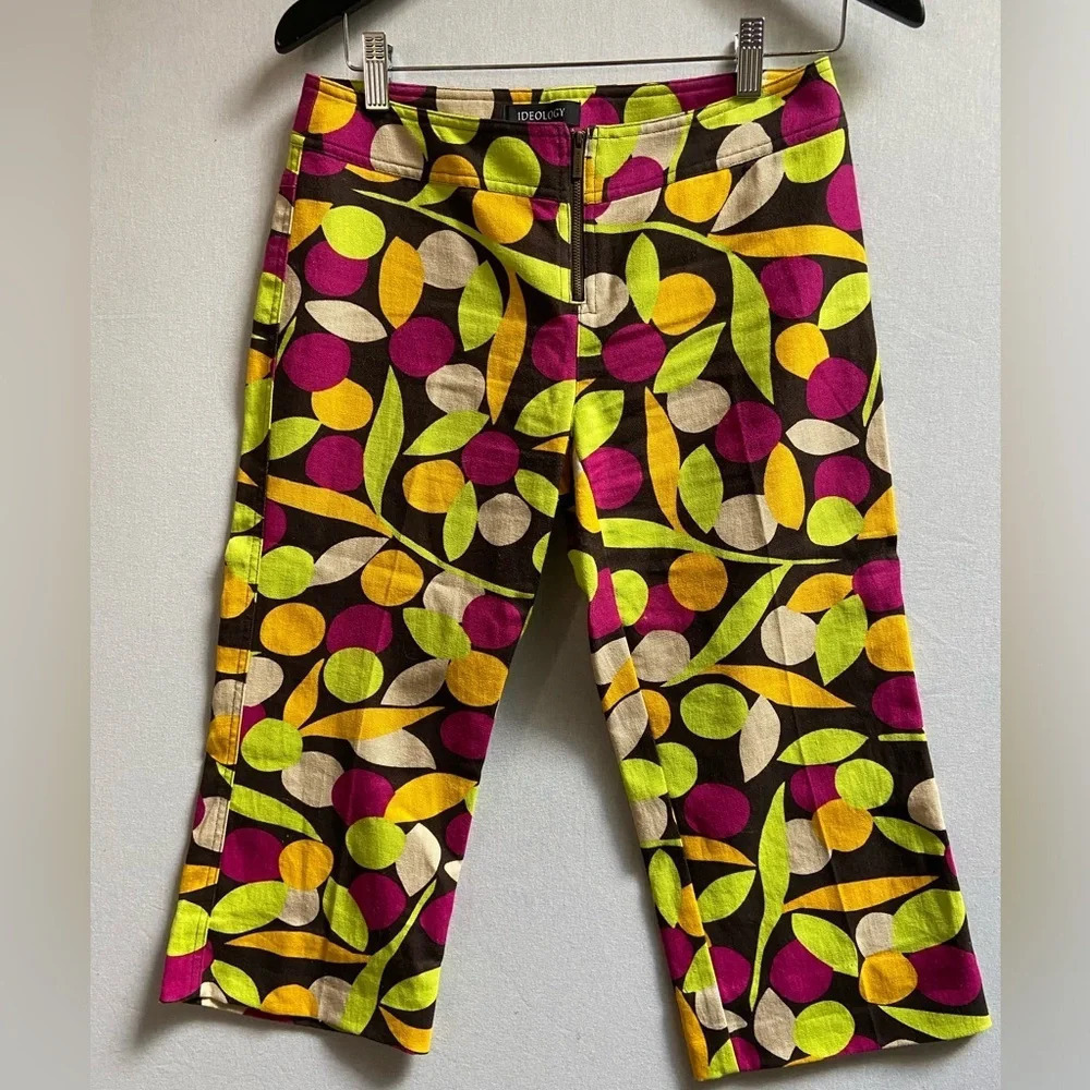 Ideology Linen Cotton blend leaf mural capris pants Sz 4